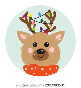 Pegatina de un bonito ciervo con una bufanda roja con nieve y cánticos en una guirnalda. Estilo plano. Ilustración vectorial.