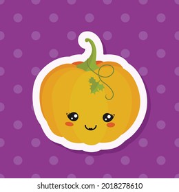 Sticker of cute doodle pumpkin for Halloween on purple background. Cartoon flat style. Vector illustration