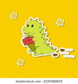 Sticker Cute Dragon with a Gift Left Footprints Simple Vector Illustration