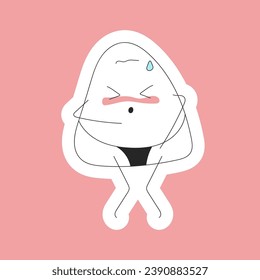 Sticker of a cute embarrassed onigiri in a nori bikini who wants to go to the toilet on a pink background