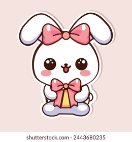 Sticker of cute female Rabbit, tiny small wild animal, Isolated on colored background, flat vector illustration 