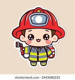 Sticker of cute fireman, tiny small fireman with water hose, Isolated on colored background, flat vector illustration 