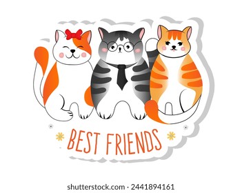 Sticker cute gray striped cat and red cats isolated on white background. Vector illustration for children "Best friends".
