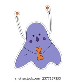 Sticker of cute Halloween spirit with bone. Color flat vector illustration.