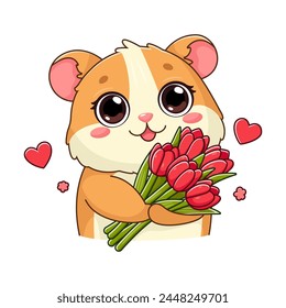 Sticker with cute hamster holding bouquet of red tulips. Smiling adorable character in cartoon style. Summer, spring flowers. Vector illustration isolated on white.