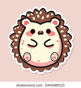 Sticker of cute hedgehog, tiny small wild animal, Isolated on colored background, flat vector illustration 