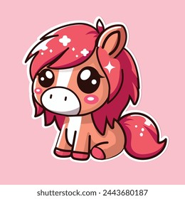 Sticker of cute Horse, tiny small wild animal, Isolated on colored background, flat vector illustration 