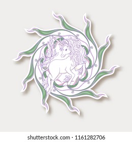 Sticker with cute, kawaii unicorn with vintage frame and flowers In art nouveau style, vintage, old, retro style. Vector illustration without gradients and transparency.  Line art.