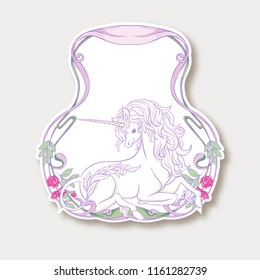 Sticker with cute, kawaii unicorn with vintage frame and flowers In art nouveau style, vintage, old, retro style. Vector illustration without gradients and transparency.  Line art.