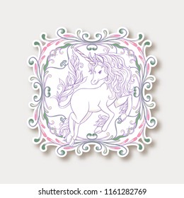 Sticker with cute, kawaii unicorn with vintage frame and flowers In art nouveau style, vintage, old, retro style. Vector illustration without gradients and transparency.  Line art.
