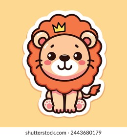 Sticker of cute Lion wearing Golden crown, tiny small wild animal, Isolated on colored background, flat vector illustration 