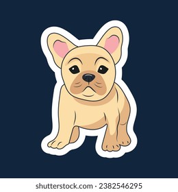 Sticker of a cute little beige French bulldog puppy standing on a dark blue background	
