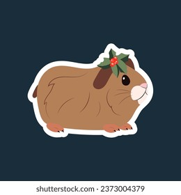 Sticker of a cute little guinea pig with mistletoe on his head on a blue background