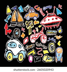 Sticker for cute little. Hand drawn children drawings color seamless pattern. Doodle children drawing transportation. Vector illustration