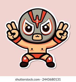 Sticker of cute Mexican Wrestler make victory sign, tiny small Mask battle acrobat fighter Lucha Libre, Isolated on colored background, flat vector illustration 