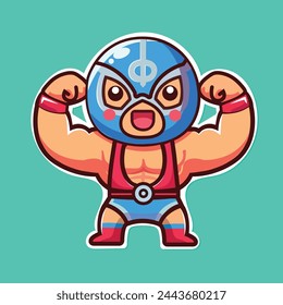 Sticker of cute Mexican Wrestler, tiny small Mask battle acrobat fighter Lucha Libre, Isolated on colored background, flat vector illustration 