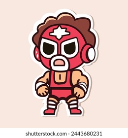 Sticker of cute Mexican Wrestler, tiny small Mask battle acrobat fighter Lucha Libre, Isolated on colored background, flat vector illustration 