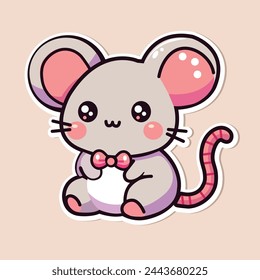 Sticker of cute Mouse, tiny small Hamster wild animal, Isolated on colored background, flat vector illustration 