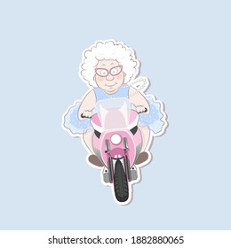 Sticker of a cute old lady riding a motorcycle.Vector illustration cartoon character.