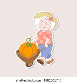 Sticker of a cute old woman with a cart and a pumpkin, autumn harvest. Vector illustration cartoon design.