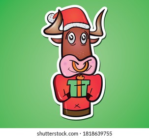 Sticker with cute ox, cow, bull which have a gift. 2021 winter background with cow. Ox horoscope sign. Chinese year of ox 2021. Happy New Year. Concept image of symbol Chinese new year. Vector.