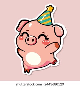 Sticker of cute pig celebrate and dance, tiny small wild animal, Isolated on colored background, flat vector illustration 