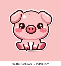 Sticker of cute pig, tiny small wild animal, Isolated on colored background, flat vector illustration 