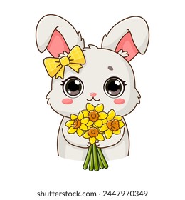 Sticker with cute rabbit holding bouquet of narcissus. Smiling adorable character in cartoon style. Summer, spring flowers. Vector illustration isolated on white