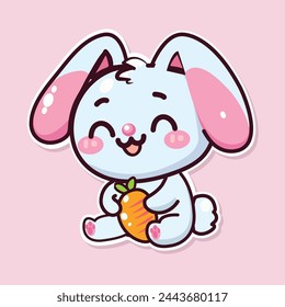 Sticker of cute Rabbit, tiny small wild animal, Isolated on colored background, flat vector illustration 