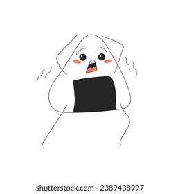 Sticker of a cute scared and shaking onigiri running on a white background