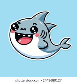 Sticker of cute Shark, tiny small Aquatic animal, Isolated on colored background, flat vector illustration 