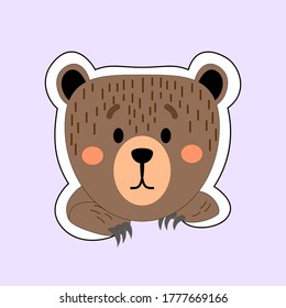 sticker cute simple animal - bear. Сartoon Portrait with Flat Design. Vector illustration