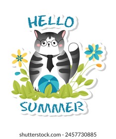 Sticker with cute smart little cat sitting in the flowers.