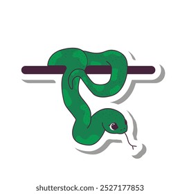 Sticker of cute snake hanging from the shelf. Decorative element for decorating corners, flat surfaces. Symbol of the new year. Vector illustration
