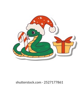 Sticker of cute snake in Santa Claus hat with Christmas gift. Symbol of Chinese New Year 2025. Vector illustration in retro groovy style