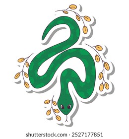 Sticker of cute snake wriggles decorative branches around. Symbol of Chinese New Year 2025. Vector illustration in retro style