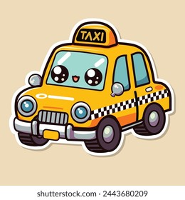 Sticker of cute Taxi, tiny small yellow car, Isolated on colored background, flat vector illustration 