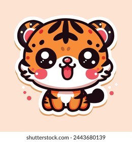 Aufkleber von niedlichen Tiger, winziges kleines wildes Tier, isoliert auf farbigem Hintergrund, flache Vektor-Illustration 