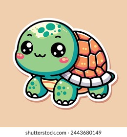 Sticker of cute turtle, tiny small wild animal, Isolated on colored background, flat vector illustration 