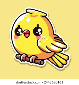 Sticker of cute yellow Bird, tiny small wild animal, Isolated on colored background, flat vector illustration 