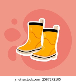 Sticker of cute yellow Rubber boots on peach background Vector flat illustration