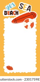 Sticker daily planner. Notepad sheet with surfboard and lifebuoy and inscription sea beach. Space for notes, diary and memo. Poster or banner for website. Cartoon flat vector illustration