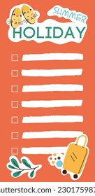 Sticker daily planner. Red sheet with space for notes. Suitcase and slippers with inscription summer Holiday. Checklist for trip, travel and flight. Cartoon flat vector illustration