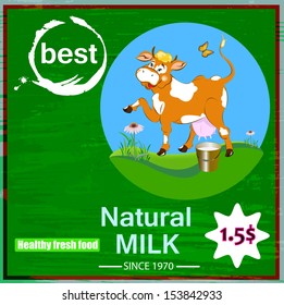 Sticker dairy products.A fresh milk from cheerful cow