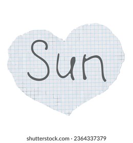 sticker day of the week - Sunday on a torn scrap of a notebook in the shape of a heart, the inscription is abbreviated Sunday in a decorative font