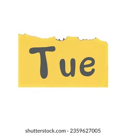 sticker day of the week - tuesday on a yellow torn piece of paper, the inscription abbreviated tuesday in cartoon font