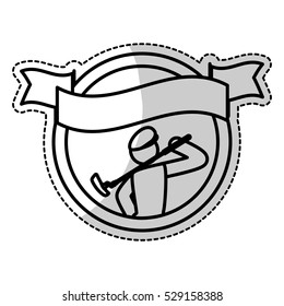 sticker of decorative frame and ribbon with golf player icon inside over white background. vector illustration