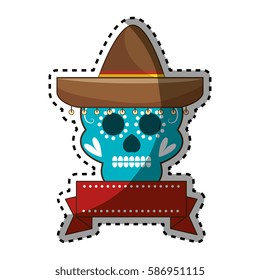 sticker decorative ornamental sugar skull with ribbon an mexican hat