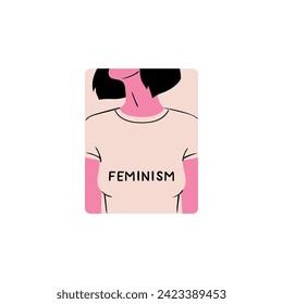 A sticker dedicated to feminism - a girl in a T-shirt with the inscription "Feminism" Stylish and vector illustration for International Women's Day. Badge for women's rights and equality.