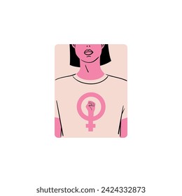 A sticker dedicated to feminism - a girl in a T-shirt with the inscription “go girl!” Stylish and vector illustration for International Women's Day. Badge for women's rights and equality.